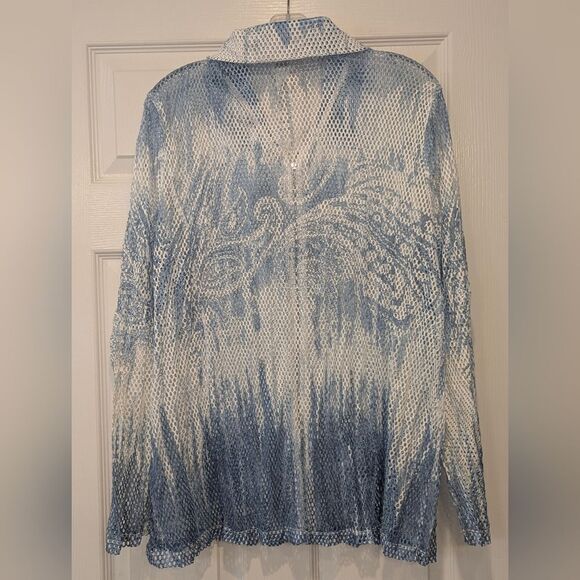 Chico's Blue White Perforated Zip Front Jacket Cover Up Mesh Cardigan Boho Sz 3X - Picture 10 of 12